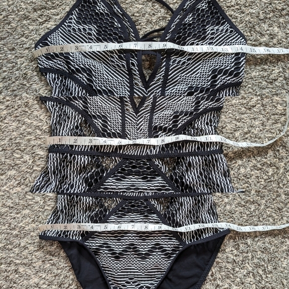Becca black white mesh semi sheer low cut one piece swimsuit M - Picture 9 of 13